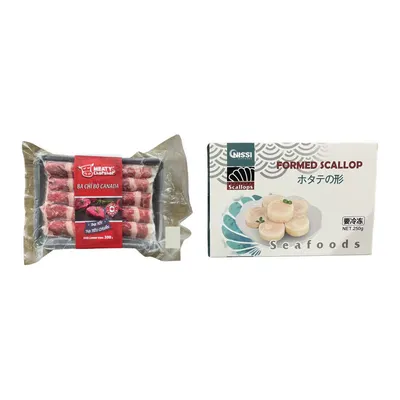 Combo Ba chỉ bò Canada cắt cuộn TTC khay 300g + Sò điệp Nissi ép đông lạnh hộp 250g