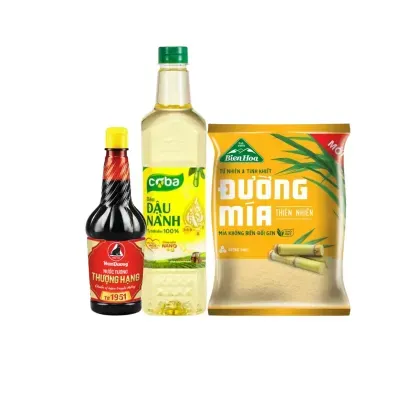 Combo bếp đầy đủ: Dầu đậu nành Coba 1l, Nước tương Nam dương 500mk, Đường vàng 1kg