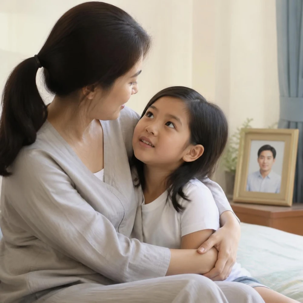 Mẹ nhẹ nhàng trò chuyện và lắng nghe con trẻ khi kể về bố. (Ảnh được tạo bởi AI)
