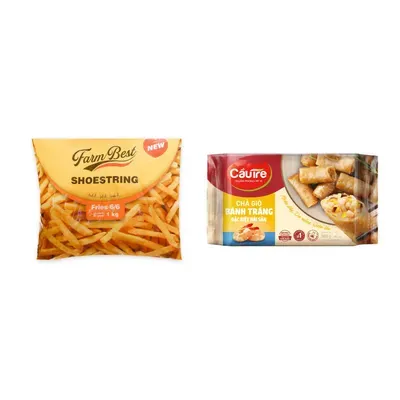Combo Khoai tây cắt sợi đông lạnh French Fries Shoestring Farm Best + Chả giò bánh tráng đặc biệt hải sản CJ Cầu Tre