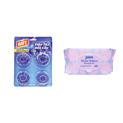 Combo Viên tẩy bồn cầu Gift vỉ 4x55g + Khăn ướt vải trơn không mùi Juno gói 100 tờ