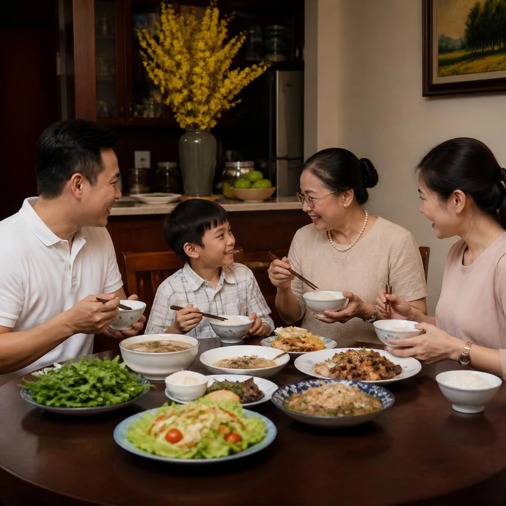 Bữa cơm gia đình không có điện thoại là một trong những thói quen đơn giản nhất nhưng hiệu quả nhất để cân bằng cuộc sống. (Ảnh được tạo bởi AI)