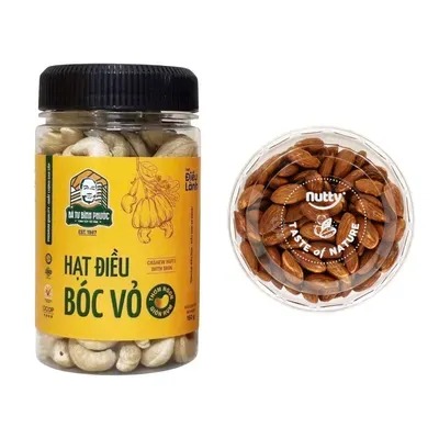 Combo Hạt điều bóc vỏ Bà Tư Bình Phước hũ 150g (1 Hũ) + Hạnh nhân nướng tự nhiên Nutty hộp 200g