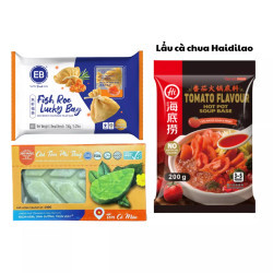 Combo Lẩu cà chua: Cốt lẩu Haidilao, thả lẩu túi tiền may mắn trứng cá 150g và Chả tôm phỉ thuý 130g