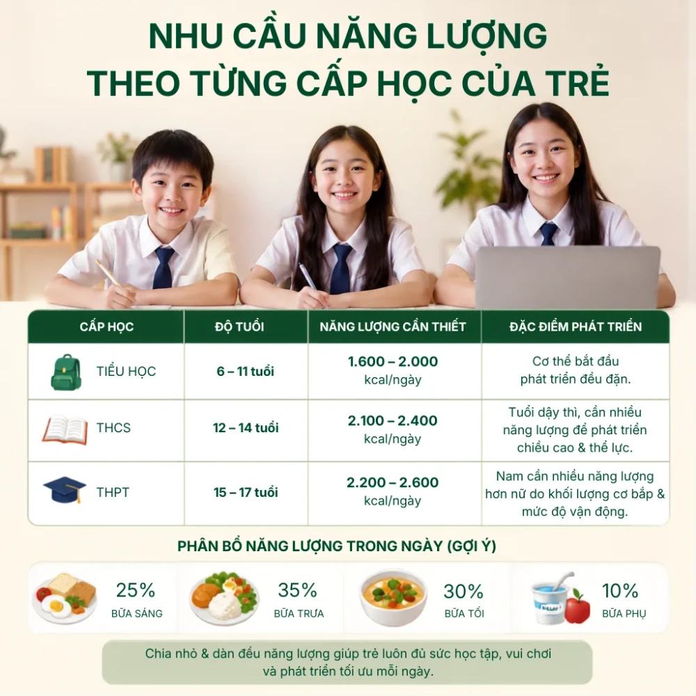 Nhu cầu năng lượng theo độ tuổi cho trẻ tiểu học và THCS. (Ảnh được tạo bởi AI)