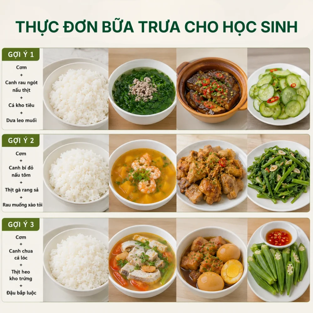 Gợi ý thực đơn bữa trưa cho học sinh tiểu học và cấp 2. (Ảnh được tạo bởi AI)