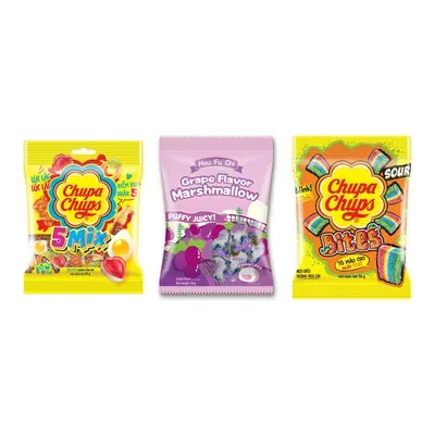Combo Kẹo dẻo hương hỗn hợp Chupa Chups + Kẹo xốp Marshmallow hương nho Hsu Fu Chi + Kẹo dẻo Sour Bites Chupa Chups