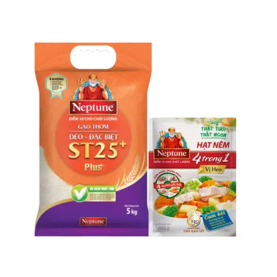 Combo gạo thơm dẻo Neptune ST25+ 5kg và hạt nêm vị heo Neptune 850g
