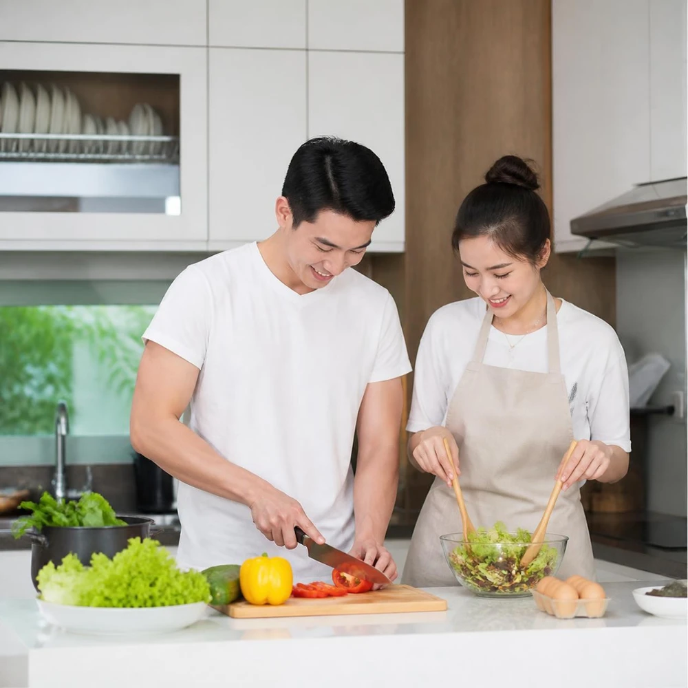 Các thành viên vui vẻ cùng nhau nấu ăn và dọn dẹp nhà cửa rõ ràng. (Ảnh được tạo bởi AI)