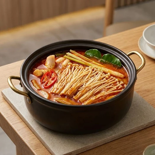 Lẩu Thái nấm kim châm nóng hổi, lên bàn ăn chỉ trong vài phút