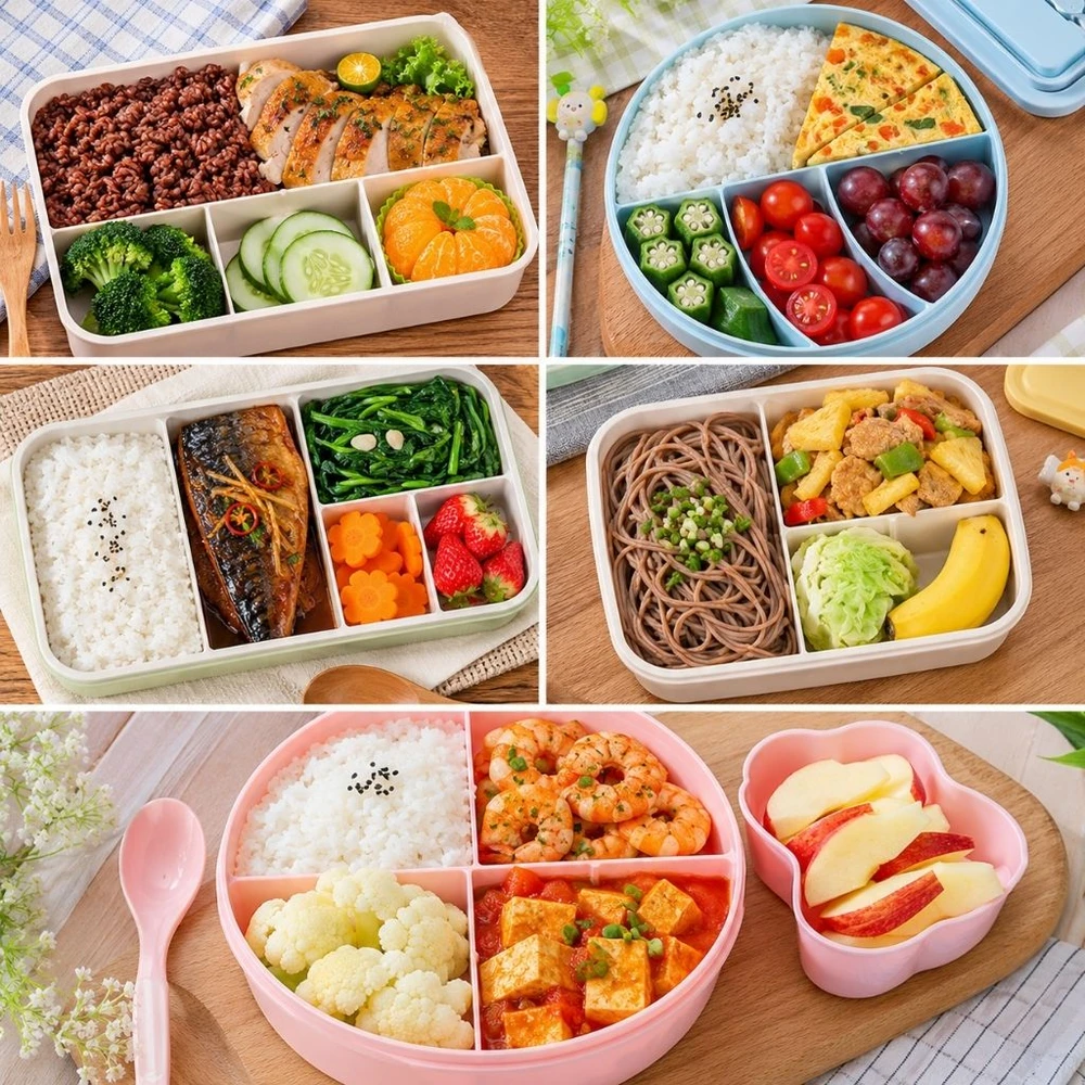 Thực đơn hộp cơm cho bé đến trường theo tuần đa dạng, đủ chất, dễ thực hiện. (Ảnh được tạo bởi AI)
