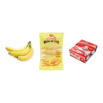 Combo Chuối già giống Nam Mỹ + Bánh mì tươi đông lạnh O'Smiles (5x70g) + Lốc 4 hộp sữa chua Meji vị dâu