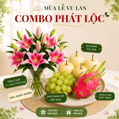 Combo phát lộc: hoa ly, nho xanh, lê đường và thanh long