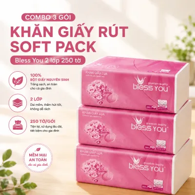 Combo 3 gói khăn giấy rút soft pack Bless You 2 lớp 250 tờ