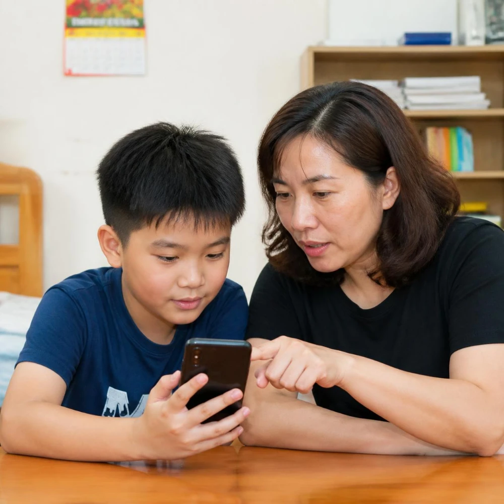 Mẹ hướng dẫn con sử dụng điện thoại cơ bản đơn giản không có mạng xã hội giúp bảo vệ con trên Internet. (Ảnh được tạo bởi AI)