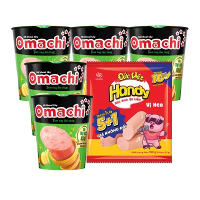 Combo chill đêm: 5 ly mì Omachi lẩu tôm càng và 1 gói xúc xích Đức Việt vị heo