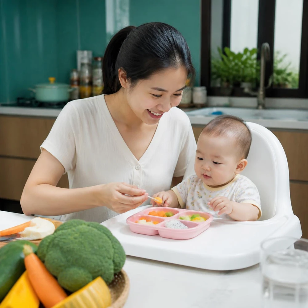 Mẹ bỉm sữa đang vui vẻ chuẩn bị khay thức ăn dặm đầy màu sắc từ rau củ quả tươi cho con tại bếp. (Ảnh được tạo bởi AI) 