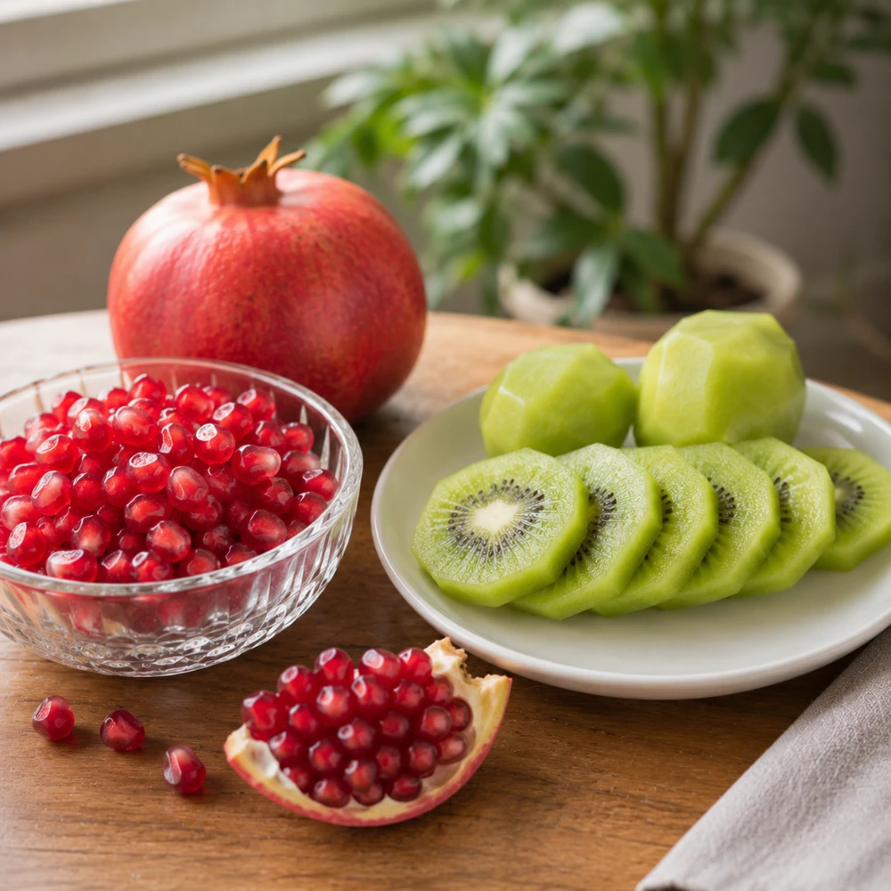 Lựu và kiwi, trái cây chống oxy hóa tốt cho người sốt xuất huyết. (Ảnh được tạo bởi AI)