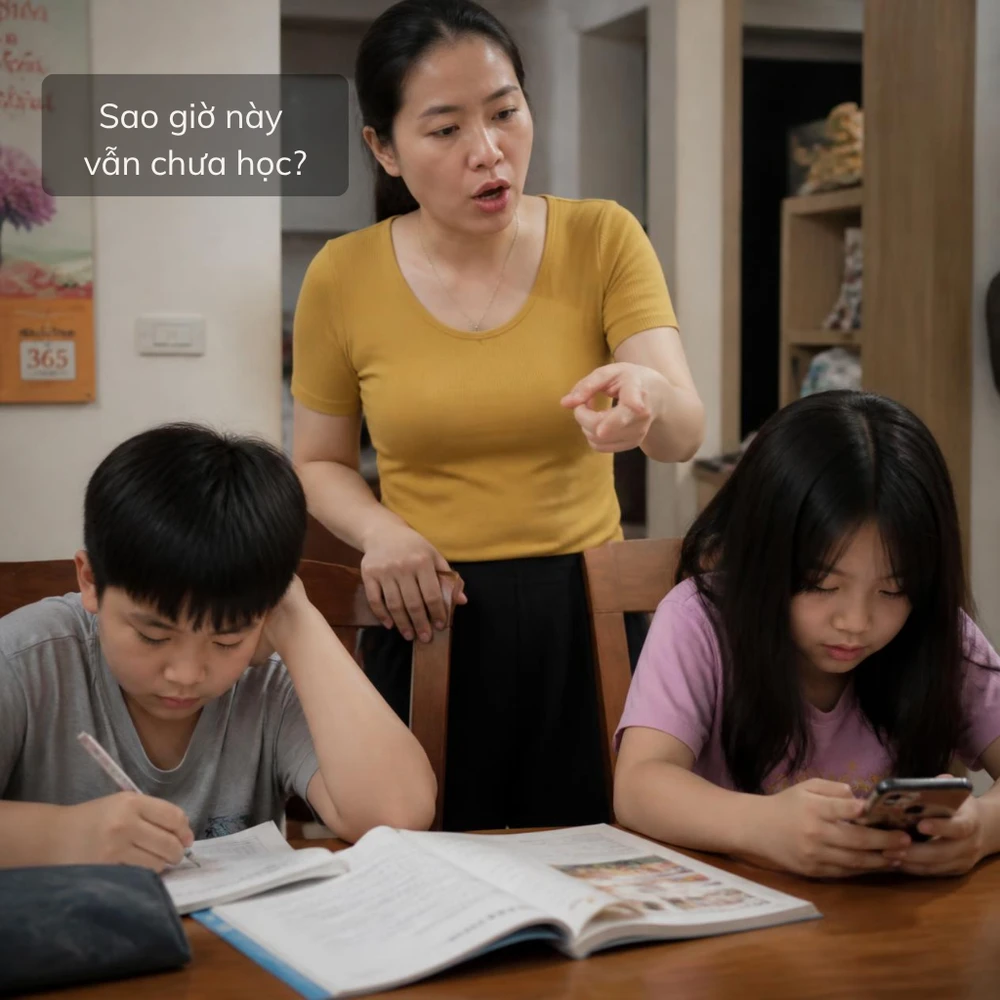 Nhắc nhở liên tục không giúp con tự giác học tập, ngược lại còn triệt tiêu khả năng tự nhắc của con. (Ảnh được tạo bởi AI) 