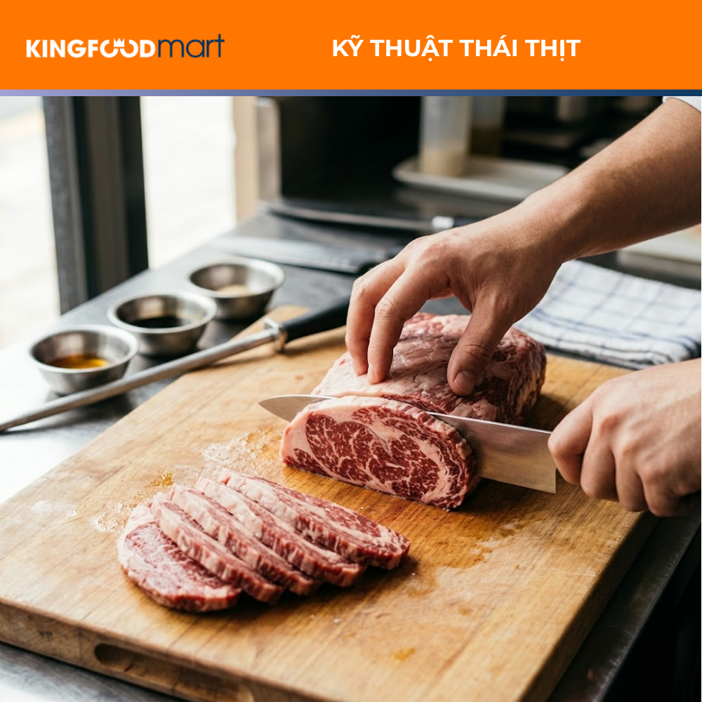 Miếng thịt bò thăn ngoại tươi ngon với các vân mỡ trắng  đan xen đều đặn, được thái lát mỏng ngang thớ chuẩn độ dày 3 - 5mm để làm Bulgogi.