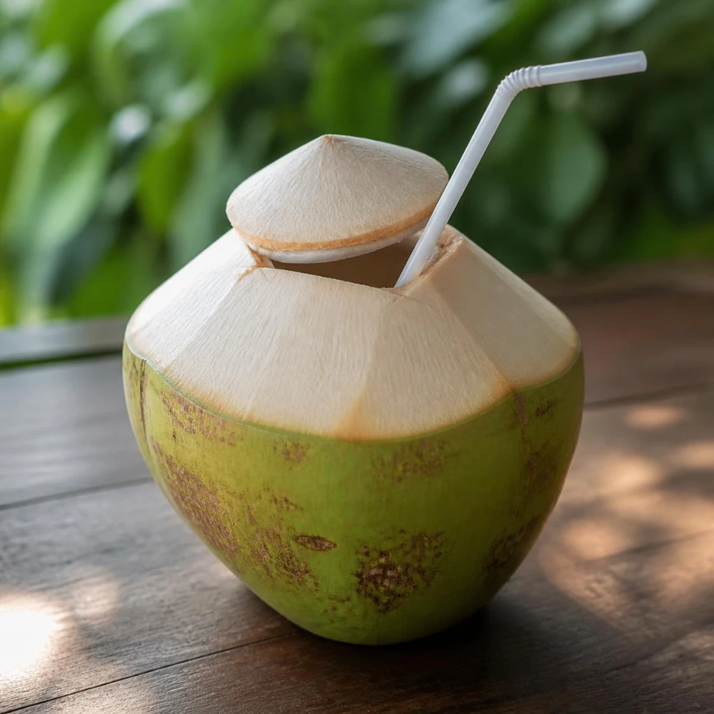 Nước dừa tươi giúp bù điện giải cho người bệnh sốt xuất huyết. (Ảnh được tạo bởi AI)