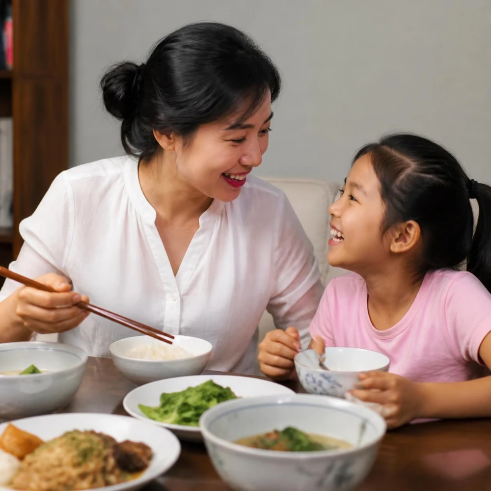 Bữa cơm gia đình ấm cúng giúp con cảm thấy an toàn. (Ảnh được tạo bởi AI)