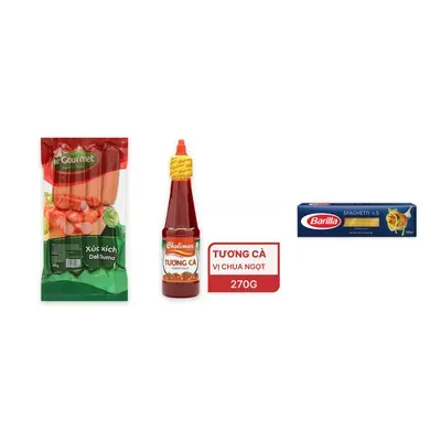 Combo Xúc xích Deli Sumo Le Gourmet + Tương cà chai Cholimex chai PET + Mì sợi hình ống các cỡ spaghetti no.5 Barilla