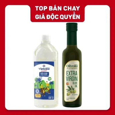 Combo sống khoẻ: dầu dừa Vietcoco 500ml và dầu Olive extra virgin Olivoila 250ml