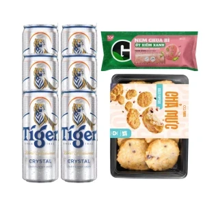 Combo 6 lon bia Crystal Tiger 330ml, chả mực 240g và nem chua bì ớt xiêm xanh 180g