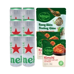 Combo 6 lon bia Heineken Silver 330ml, rong biển nướng cá hồi 45g, 2 gói kim chi 100g