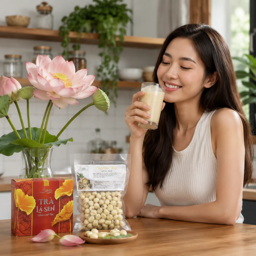 Không gian sống xanh và trải nghiệm thưởng thức sữa hạt sen tươi mát từ thương hiệu Sen Ta.