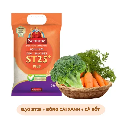 Combo Gạo Neptune x Rau củ VietGAP: Gạo ST25+ thơm dẻo đặc biệt 5kg, bông cải xanh, cà rốt
