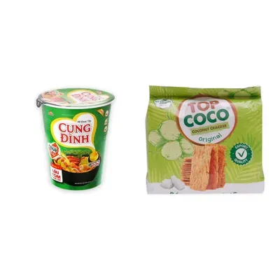 Combo Mì ly tôm chua cay Cung Đình ly 65g + Bánh dừa nướng Topcoco gói 150g