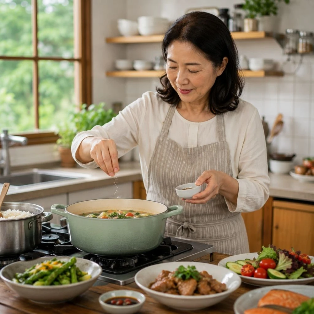 Bà nội trợ nêm nếm món ăn cho gia đình nhiều thế hệ, nấu ăn cân bằng dinh dưỡng. (Ảnh được tạo bởi AI)