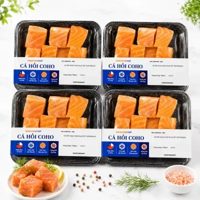 Combo 4 vỉ cá hồi Chile Coho phi lê cắt thỏi rã đông 100g