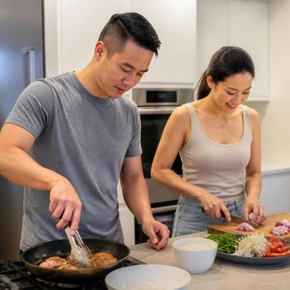 Cả 2 vợ chồng cùng lên thực đơn sẵn và mua nguyên liệu để giảm tải thời gian. (Ảnh được tạo bởi AI)