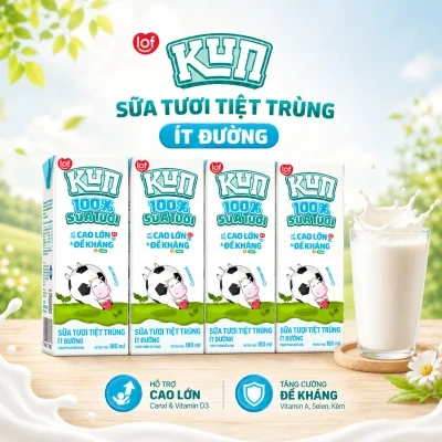 Lốc 4 hộp sữa tươi tiệt trùng Kun ít đường 180ml