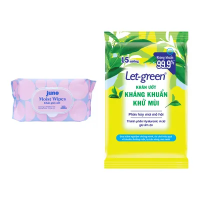 Combo Khăn ướt vải trơn không mùi Juno gói 100 tờ (1 Gói) + Khăn ướt Let-Green kháng khuẩn khử mùi 15 miếng lốc 3 gói