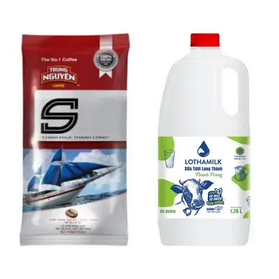 Combo Cà phê chinh phục S Trung Nguyên gói 100g (1 Gói) + Sữa thanh trùng có đường Lothamilk chai 1760ml