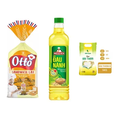 Combo Bánh sandwich tươi lạt Otto gói 490g + Dầu đậu nành Meizan 1L (1 chai) + Gạo đài thơm Mê Gạo túi 5kg
