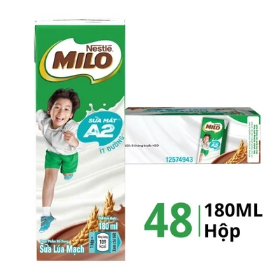 Thùng 48 hộp sữa lúa mạch A2 Milo ít đường 180ml