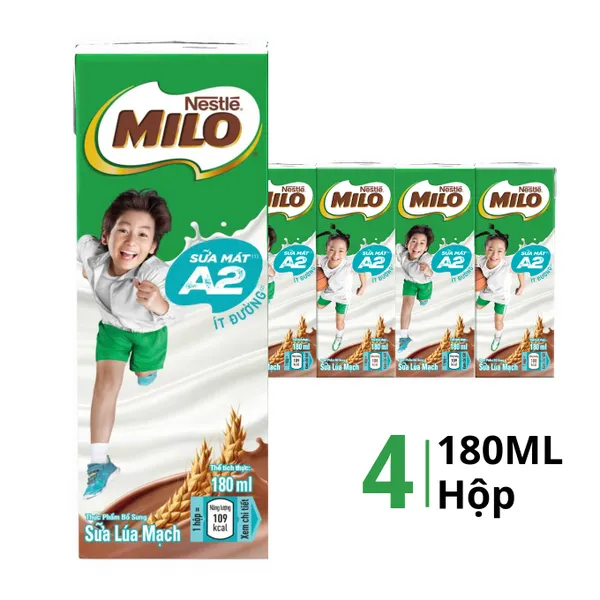Lốc 4 hộp sữa lúa mạch Milo A2 ít đường 180ml