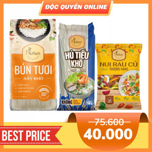 Combo Nuffam: Hủ tiếu Mỹ Tho 250g, bún tươi khô 400g và nui rau củ 350g