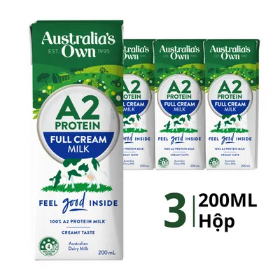 Lốc 3 hộp sữa tươi tiệt trùng Australia's Own A2 nguyên kem 200ml
