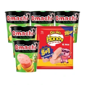 Combo chill đêm: 5 ly mì Omachi lẩu tôm càng và 1 gói xúc xích Đức Việt vị heo