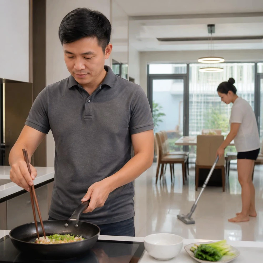 Phân chia việc nấu ăn theo vai trò thực tế trong gia đình, ai nấu người kia dọn, ai mua người kia vào bếp. (Ảnh được tạo bởi AI)