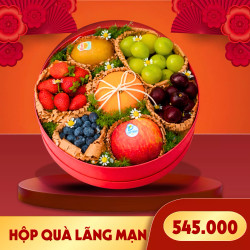 Hộp quà trái cây Lãng Mạn (Quýt, việt quất, dâu tây, táo đỏ, kiwi vàng, nho mẫu đơn, táo xanh, và các loại hoa lá thay đổi theo mùa) (1 Hộp)