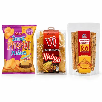 Combo Snack phô mát miếng Oishi + Bánh tráng khô bò Vị + Bánh tráng nướng xốt X.O thượng hạng Vị