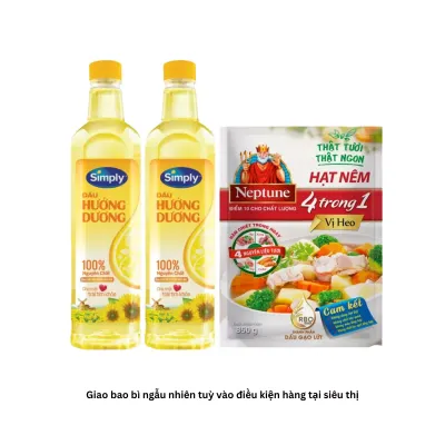 Combo nêm nấu tiện lợi: 2 chai dầu hướng dương Simply 1L và hạt nêm vị heo Neptune 850g