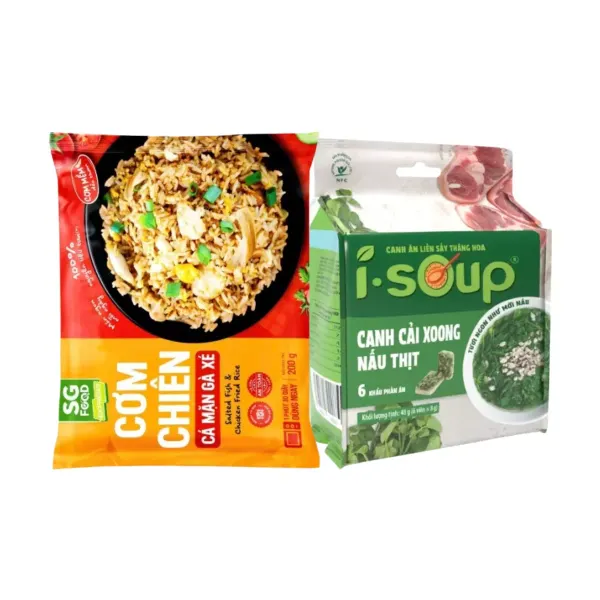 Combo cơm cá mặn gà xé và canh cải xoong ăn liền
